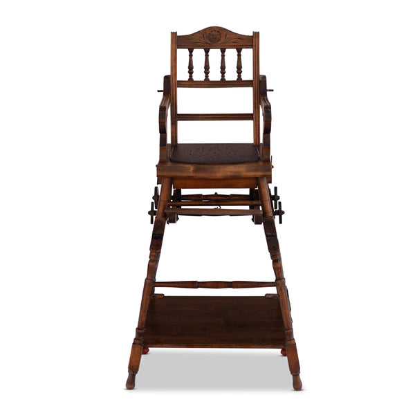 Mid-20th Century French Carved Folding Up and Down Child High Chair on Wheels